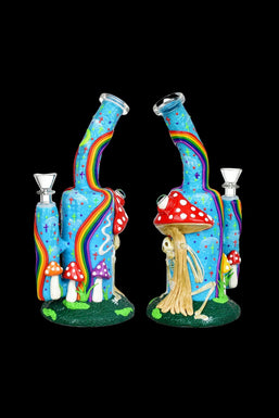 Wide Eyed Shroom And Smoking Skeleton Glow In Dark Water Pipe